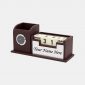 Brown Wooden Personalized Pen Stand with Name, Table Watch & Calendar