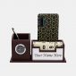 Brown Wooden Personalized Pen Stand with Name, Table Watch & Calendar